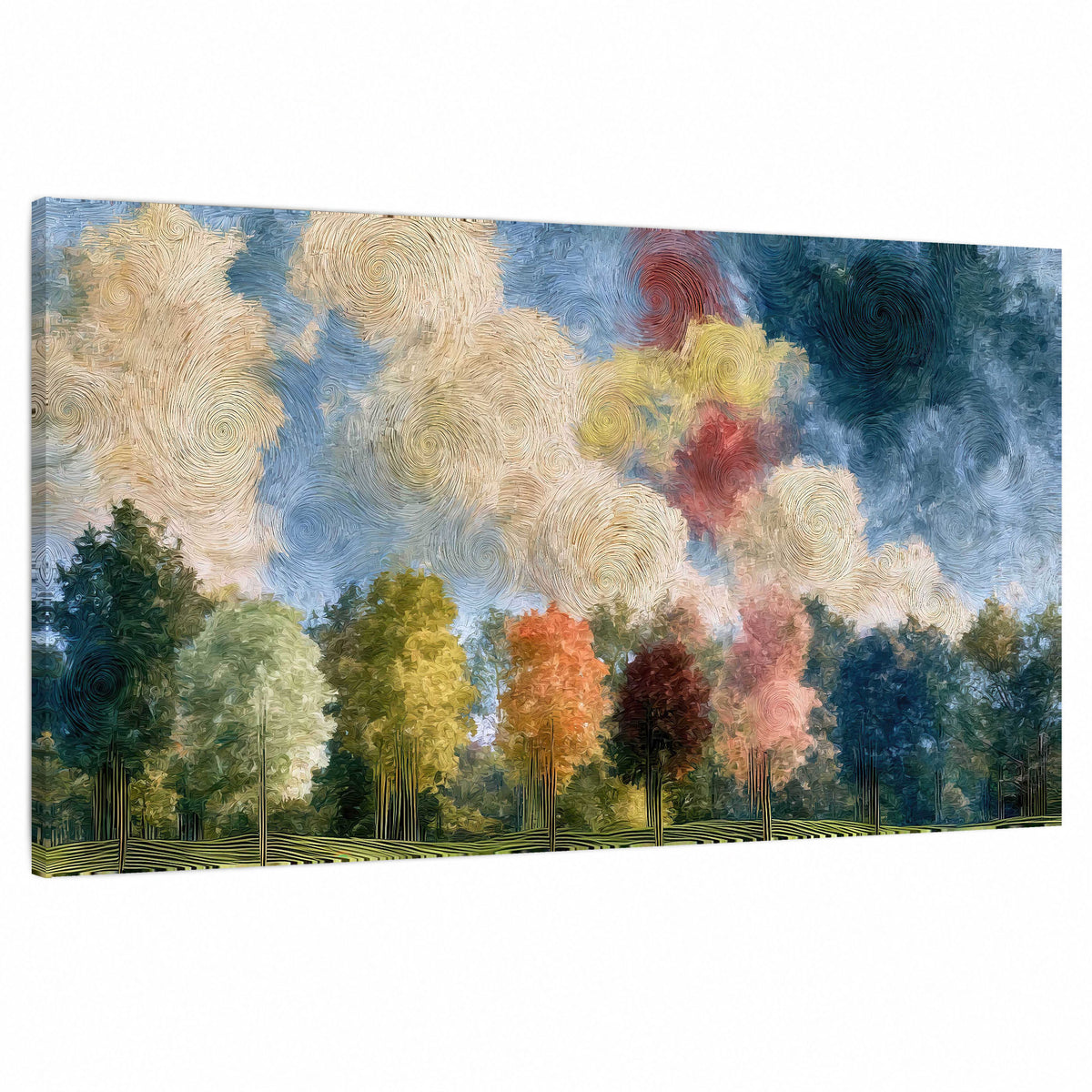 Swirling sky tree painting stretched canvas wall art on a white background