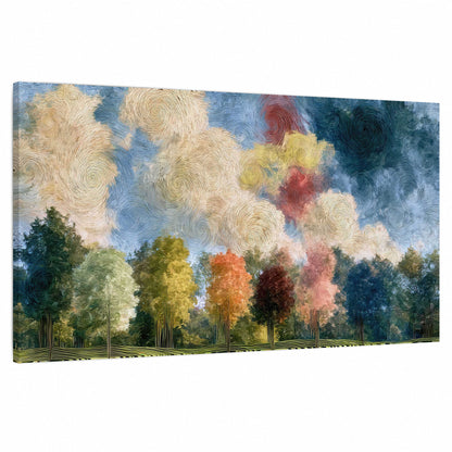 Swirling sky tree painting stretched canvas wall art on a white background