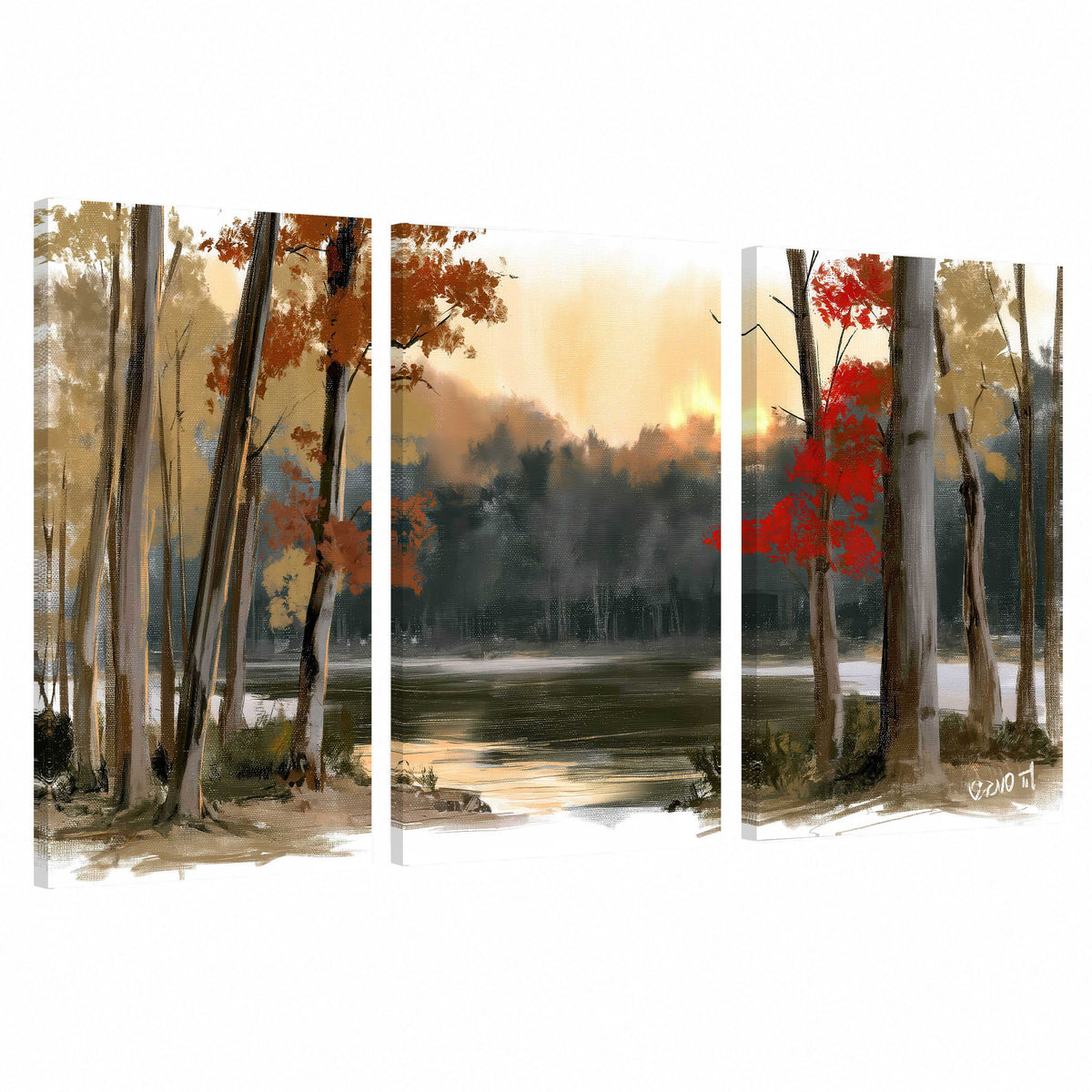 Autumn lake forest painting 3 piece canvas wall art set on a white background