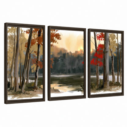 Autumn lake forest painting 3 piece framed canvas wall art set on a white background