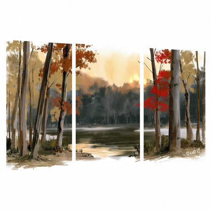 Autumn lake forest painting set of 3 poster prints on a white background