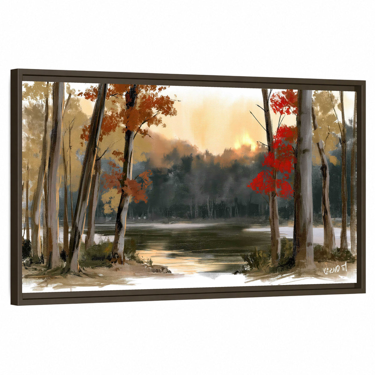 Autumn lake forest painting framed canvas wall art on a white background