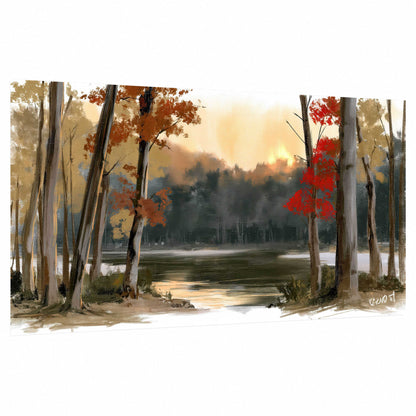 Autumn lake forest painting poster print on a white background