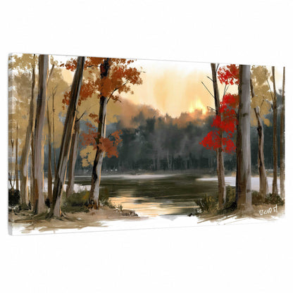 Autumn lake forest painting stretched canvas wall art on a white background