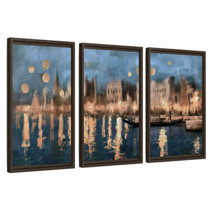 Venice twilight painting 3 piece framed canvas wall art set on a white background