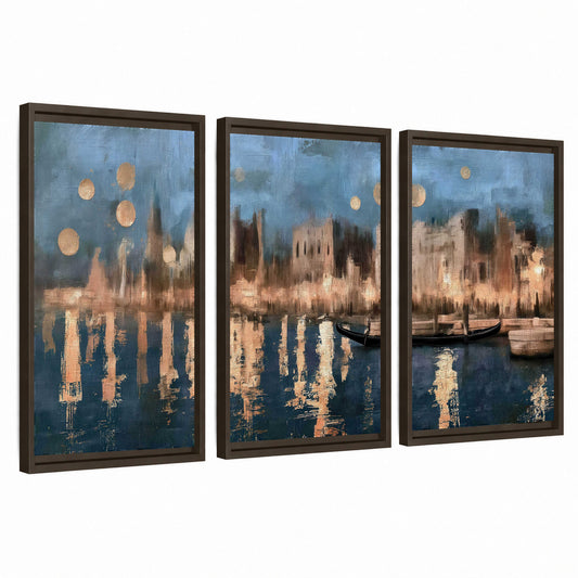 Venice twilight painting 3 piece framed canvas wall art set on a white background