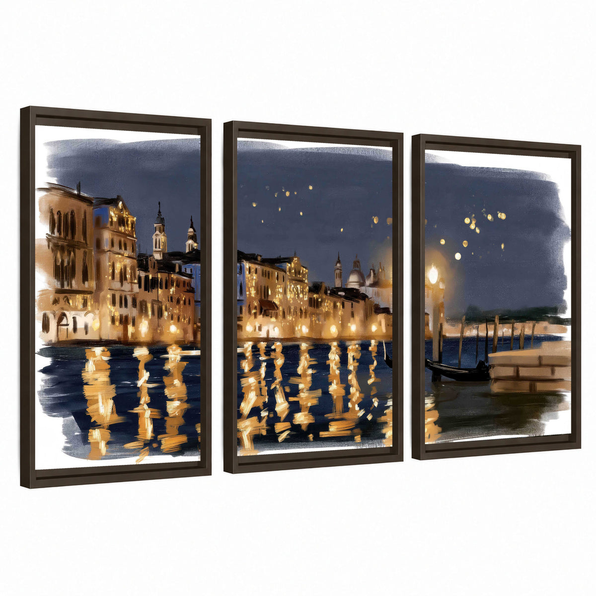 Venice night painting 3 piece framed canvas wall art set on a white background