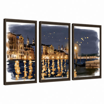 Venice night painting 3 piece framed canvas wall art set on a white background