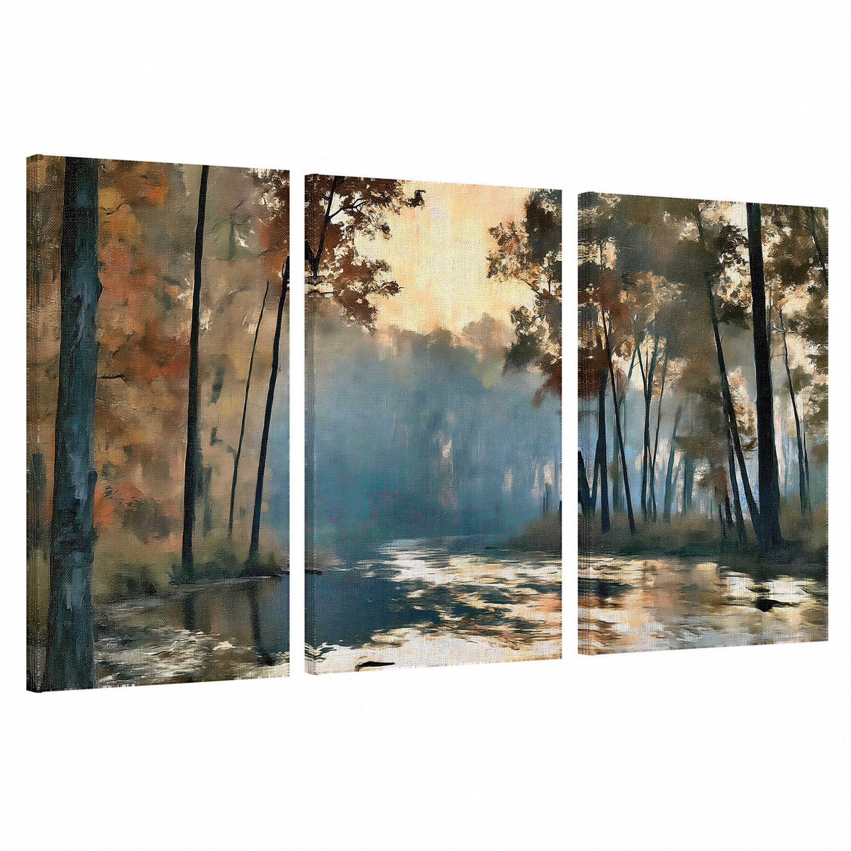 Misty autumn forest painting 3 piece canvas wall art set on a white background