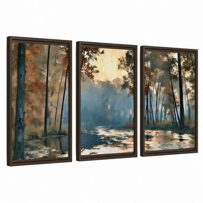 Misty autumn forest painting 3 piece framed canvas wall art set on a white background