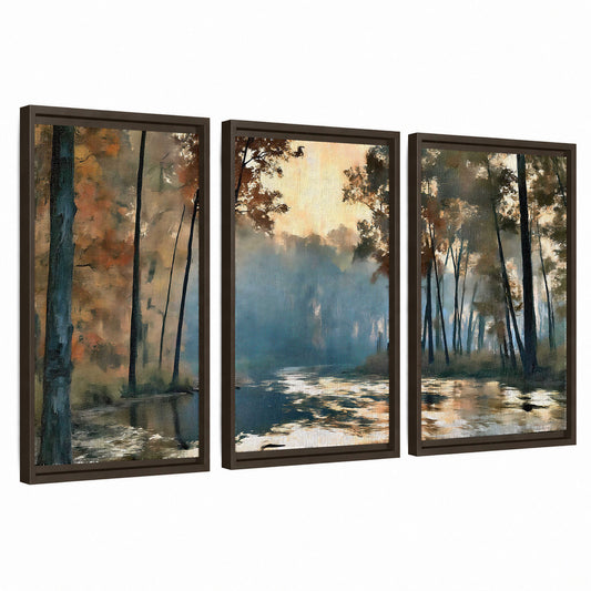 Misty autumn forest painting 3 piece framed canvas wall art set on a white background