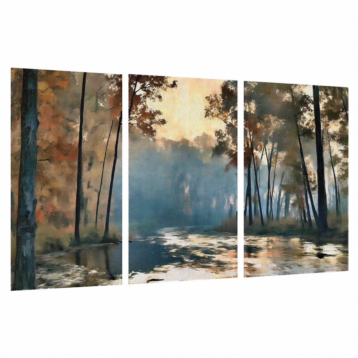 Misty autumn forest painting set of 3 poster prints on a white background