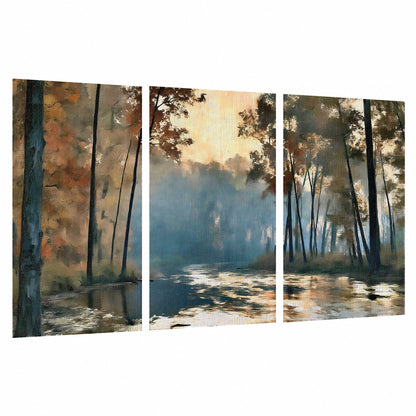 Misty autumn forest painting set of 3 poster prints on a white background