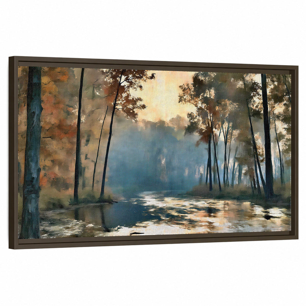Misty autumn forest painting framed canvas wall art on a white background