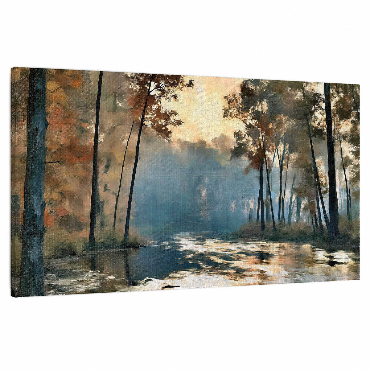 Misty autumn forest painting stretched canvas wall art on a white background