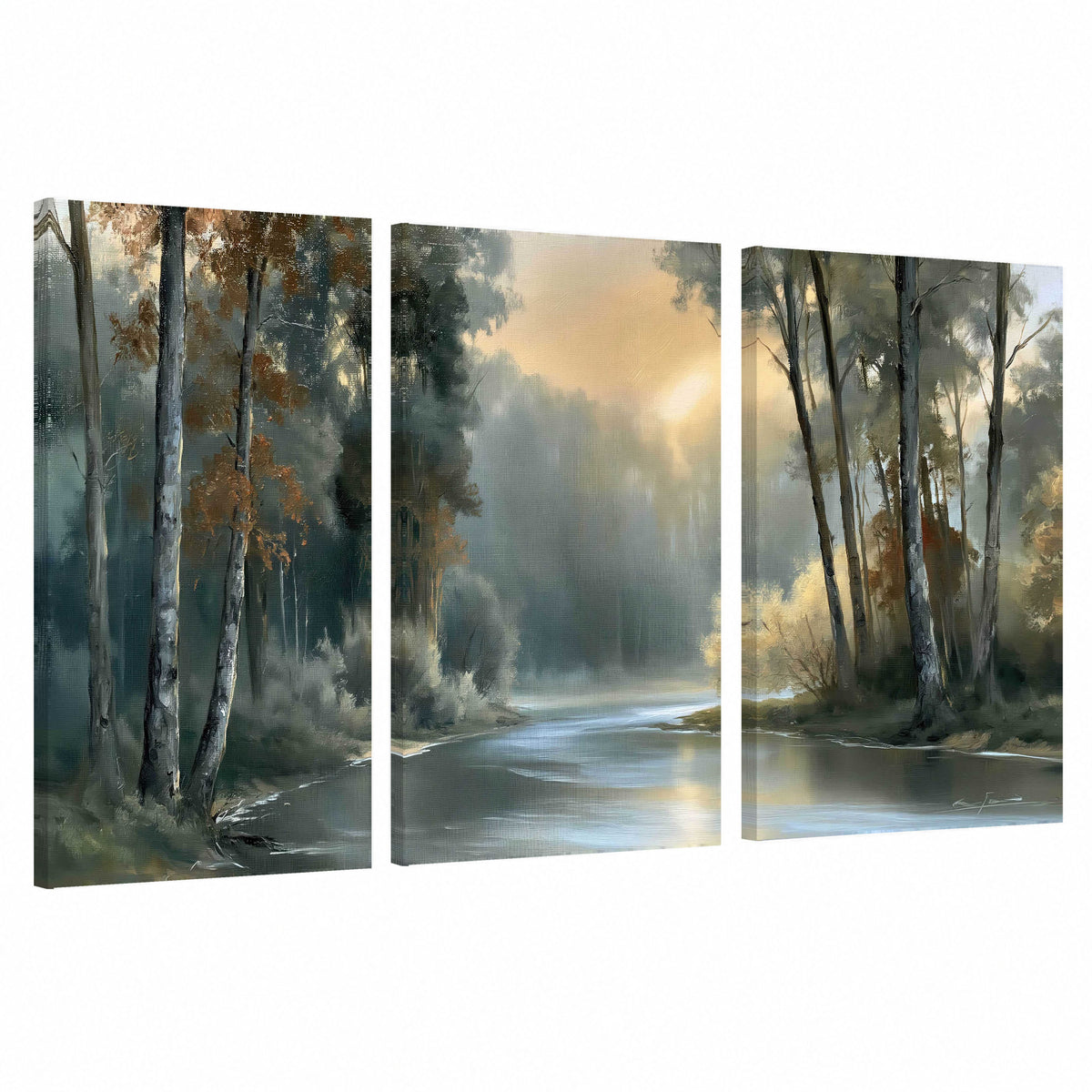 Misty river forest painting 3 piece canvas wall art set on a white background