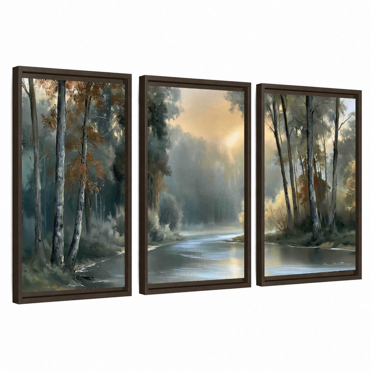 Misty river forest painting 3 piece framed canvas wall art set on a white background