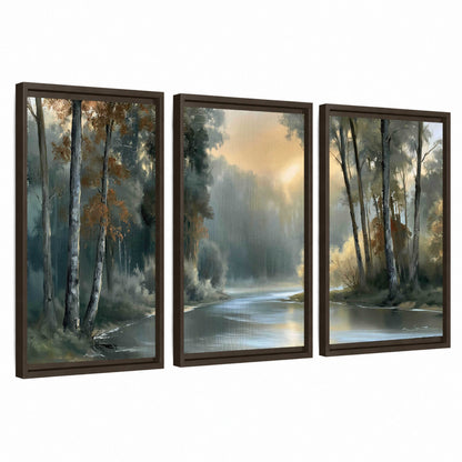 Misty river forest painting 3 piece framed canvas wall art set on a white background