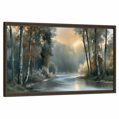 Misty river forest painting framed canvas wall art on a white background