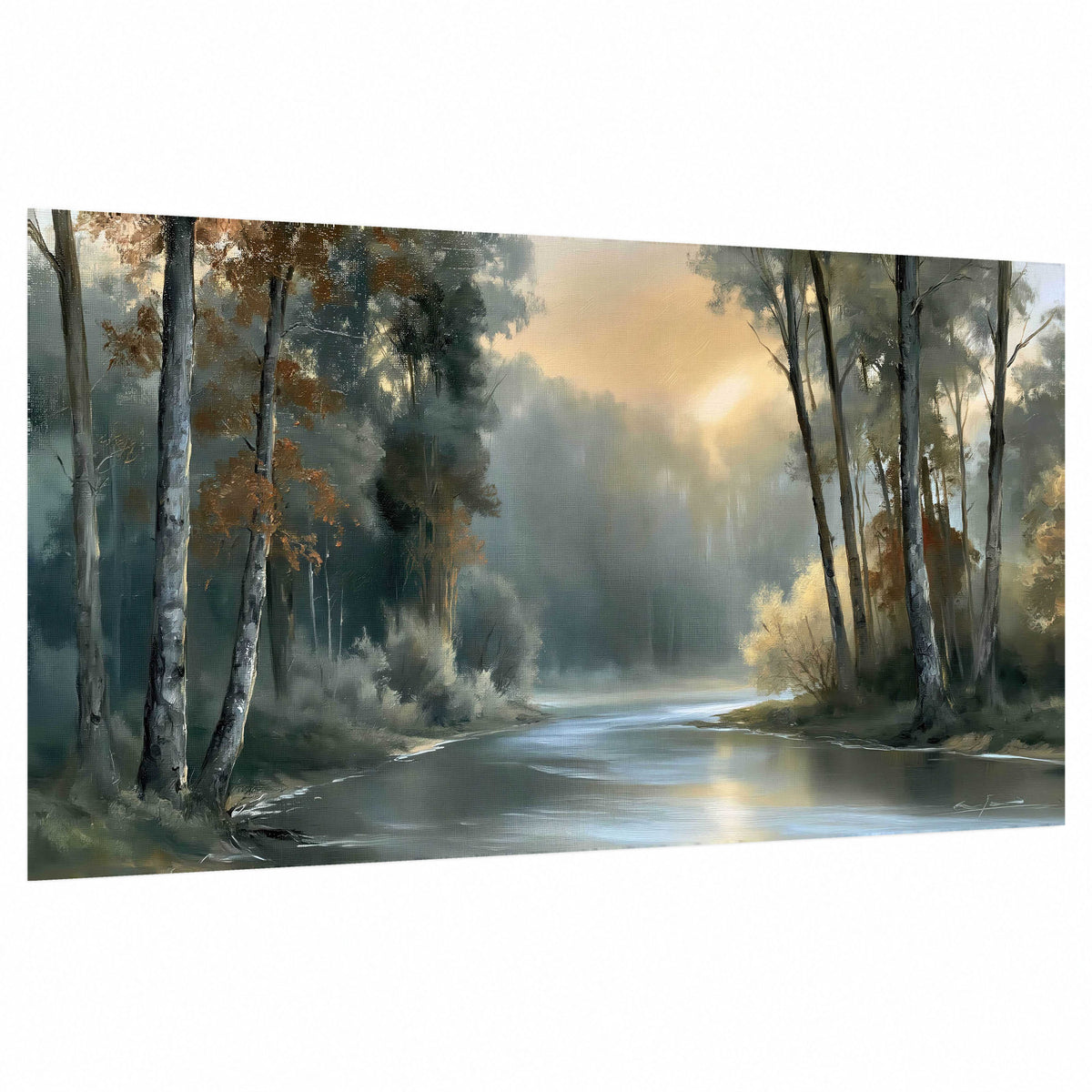 Misty river forest painting poster print on a white background