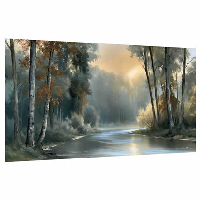 Misty river forest painting poster print on a white background