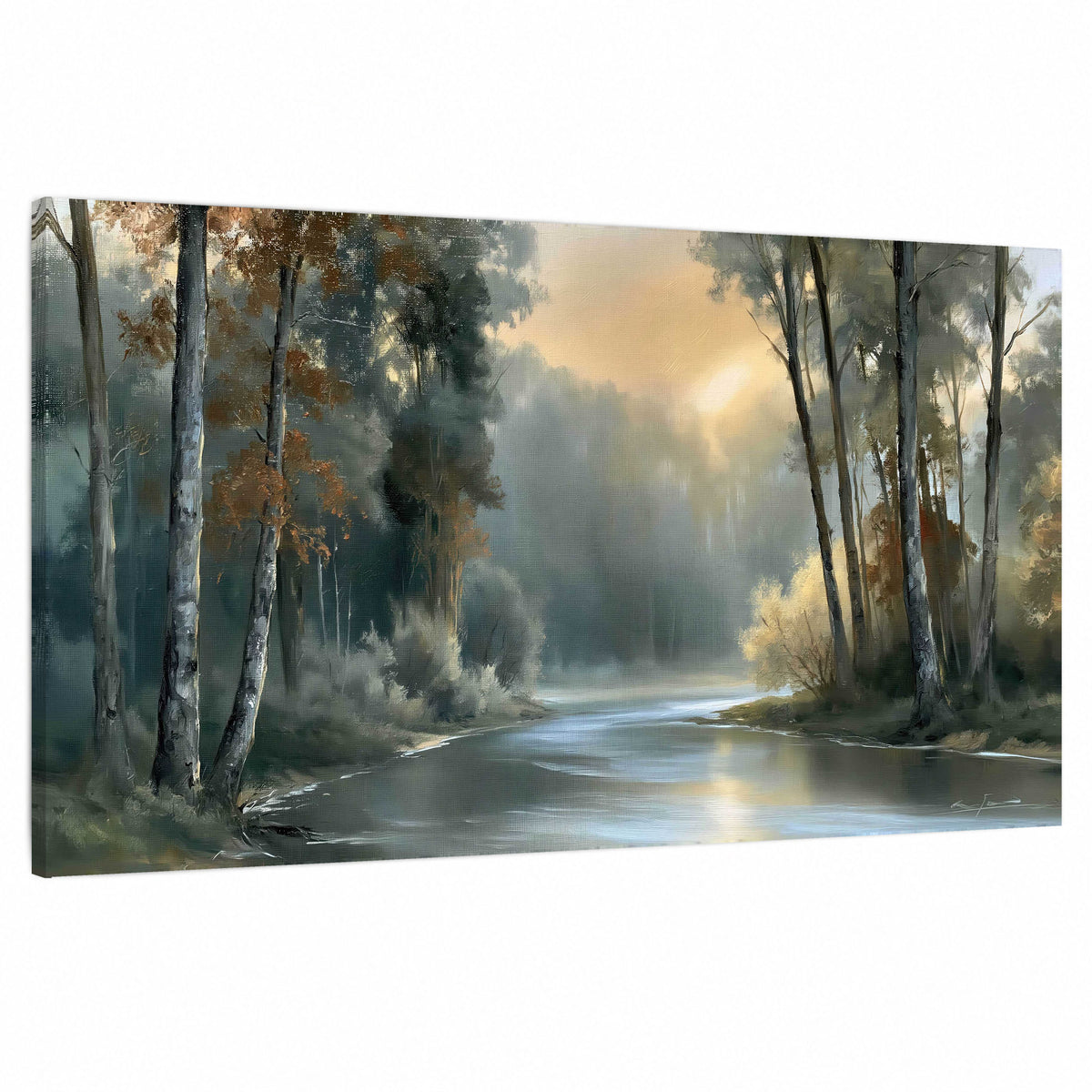 Misty river forest painting stretched canvas wall art on a white background