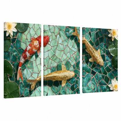 Koi fish mosaic 3 piece canvas wall art set on a white background