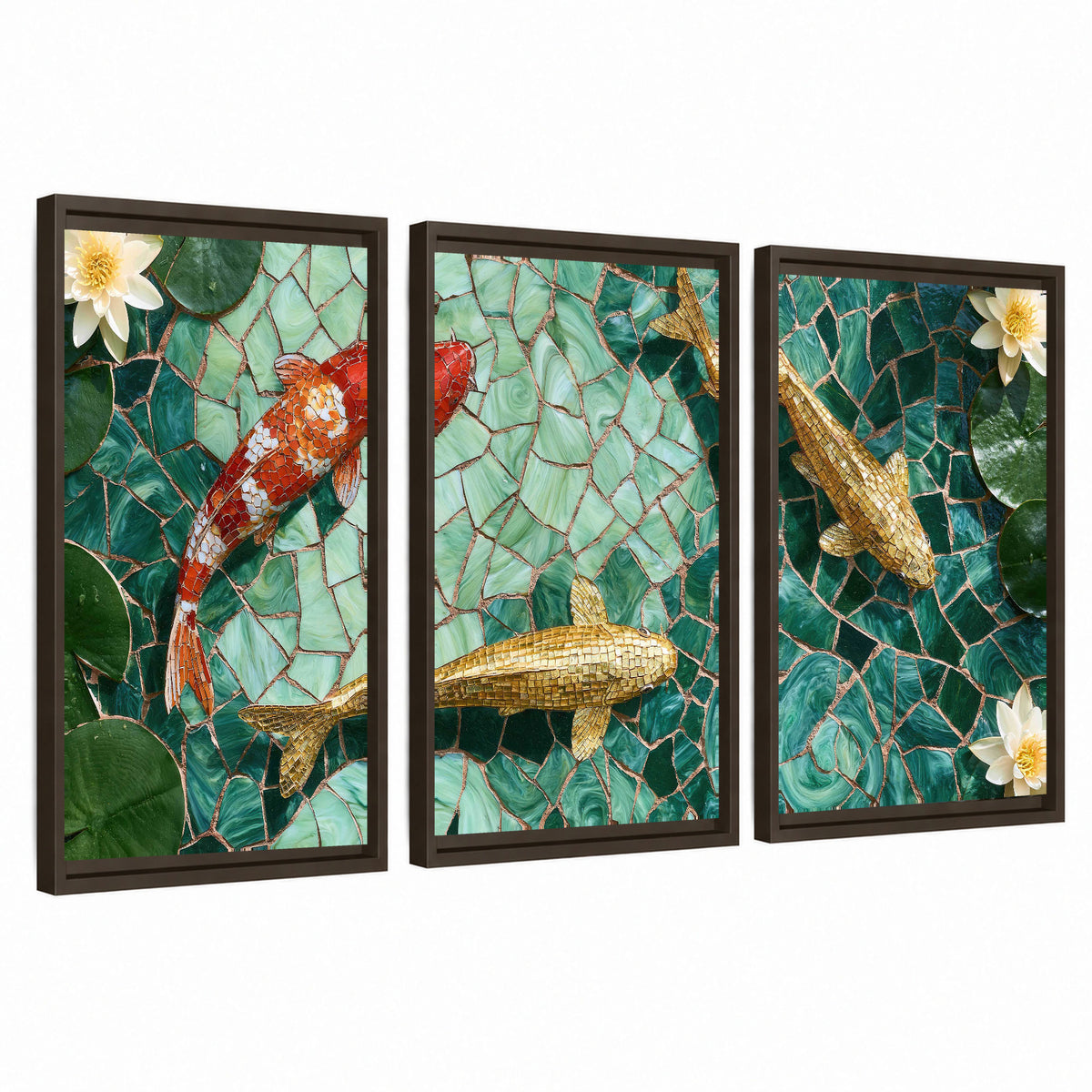 Koi fish mosaic 3 piece framed canvas wall art set on a white background