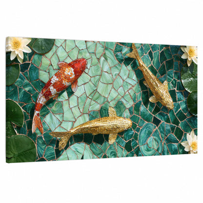 Koi fish mosaic stretched canvas wall art on a white background