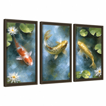 Koi fish pond painting 3 piece framed canvas wall art set on a white background