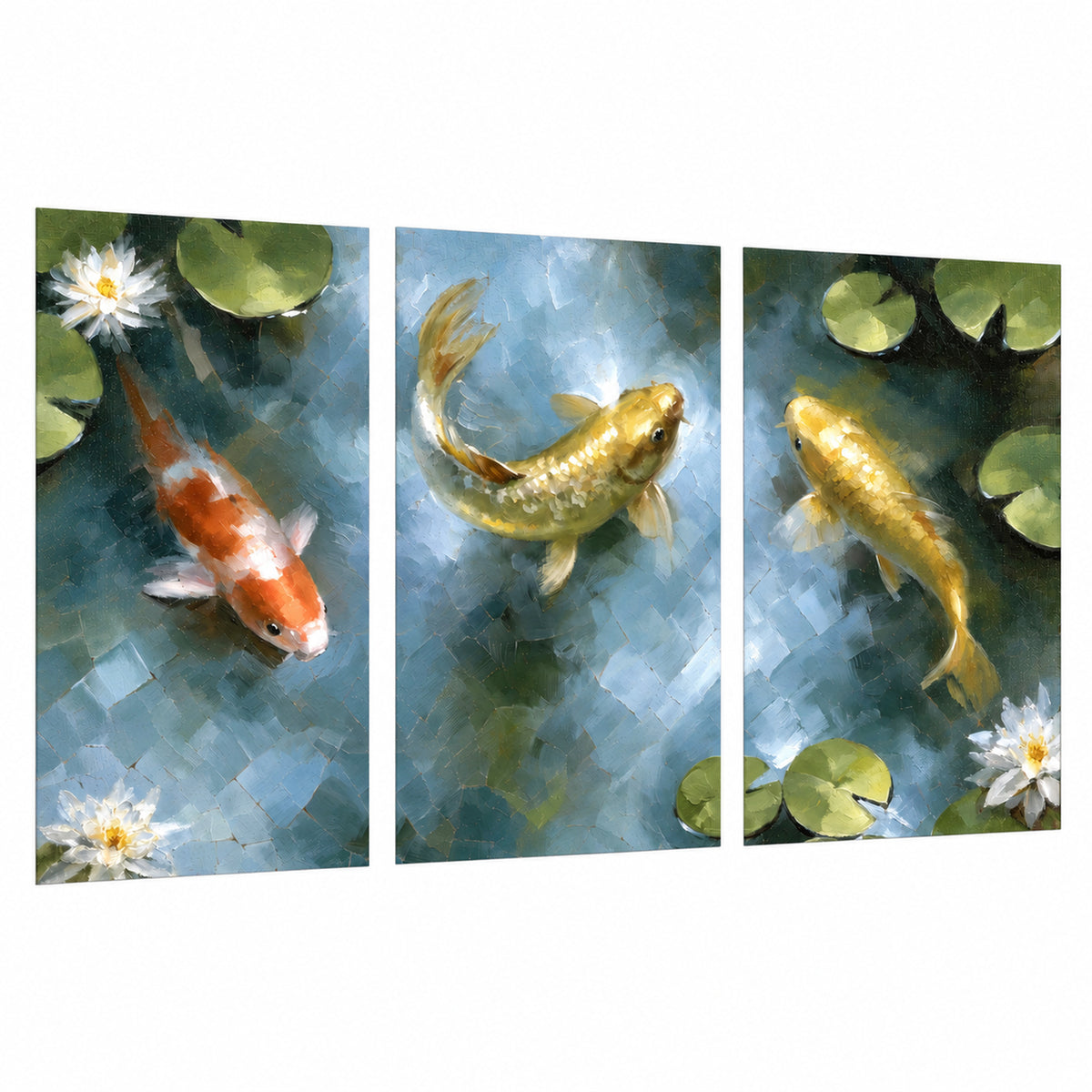 Koi fish pond painting set of 3 poster prints on a white background