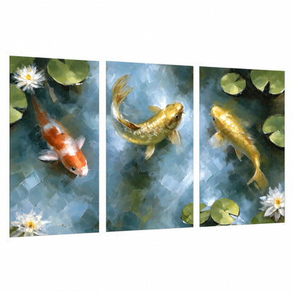 Koi fish pond painting set of 3 poster prints on a white background