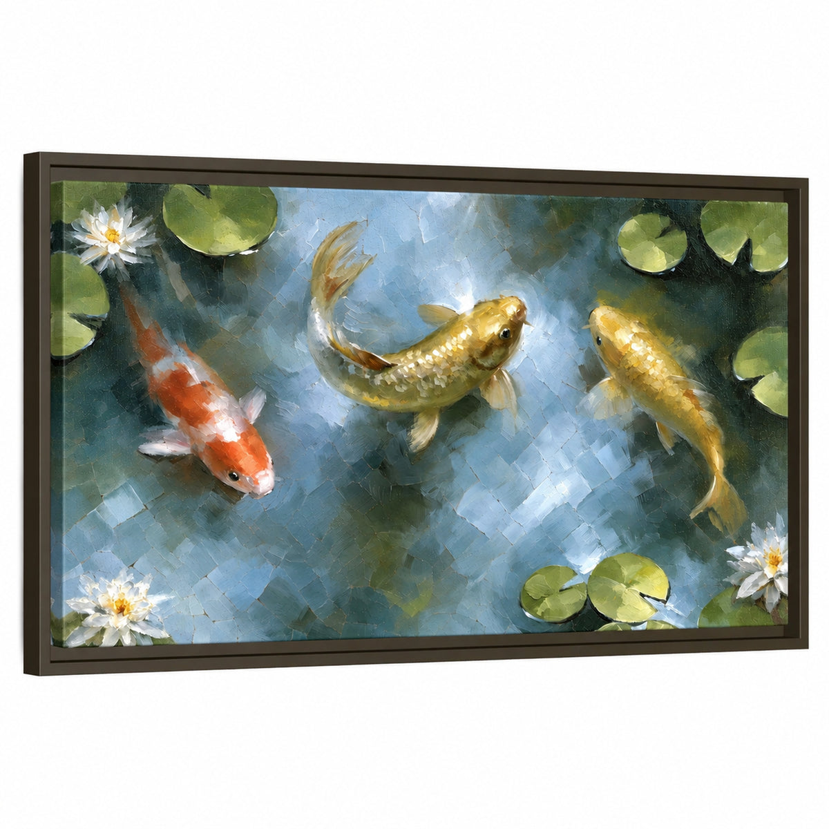 Koi fish pond painting framed canvas wall art on a white background