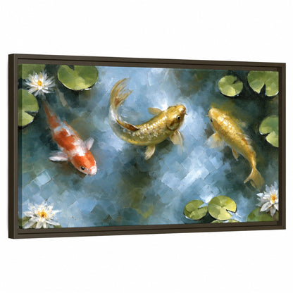 Koi fish pond painting framed canvas wall art on a white background