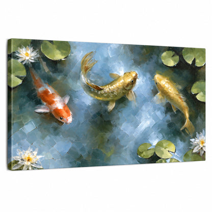 Koi fish pond painting stretched canvas wall art on a white background