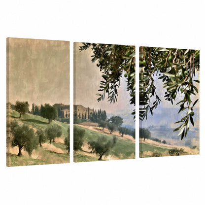 Tuscan olive grove painting 3 piece canvas wall art set on a white background