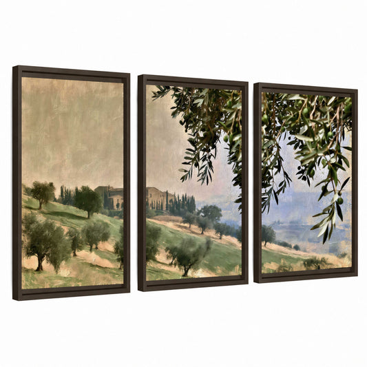 Tuscan olive grove painting 3 piece framed canvas wall art set on a white background
