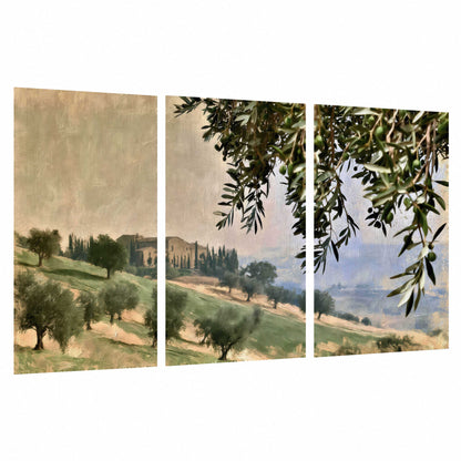 Tuscan olive grove painting set of 3 poster prints on a white background