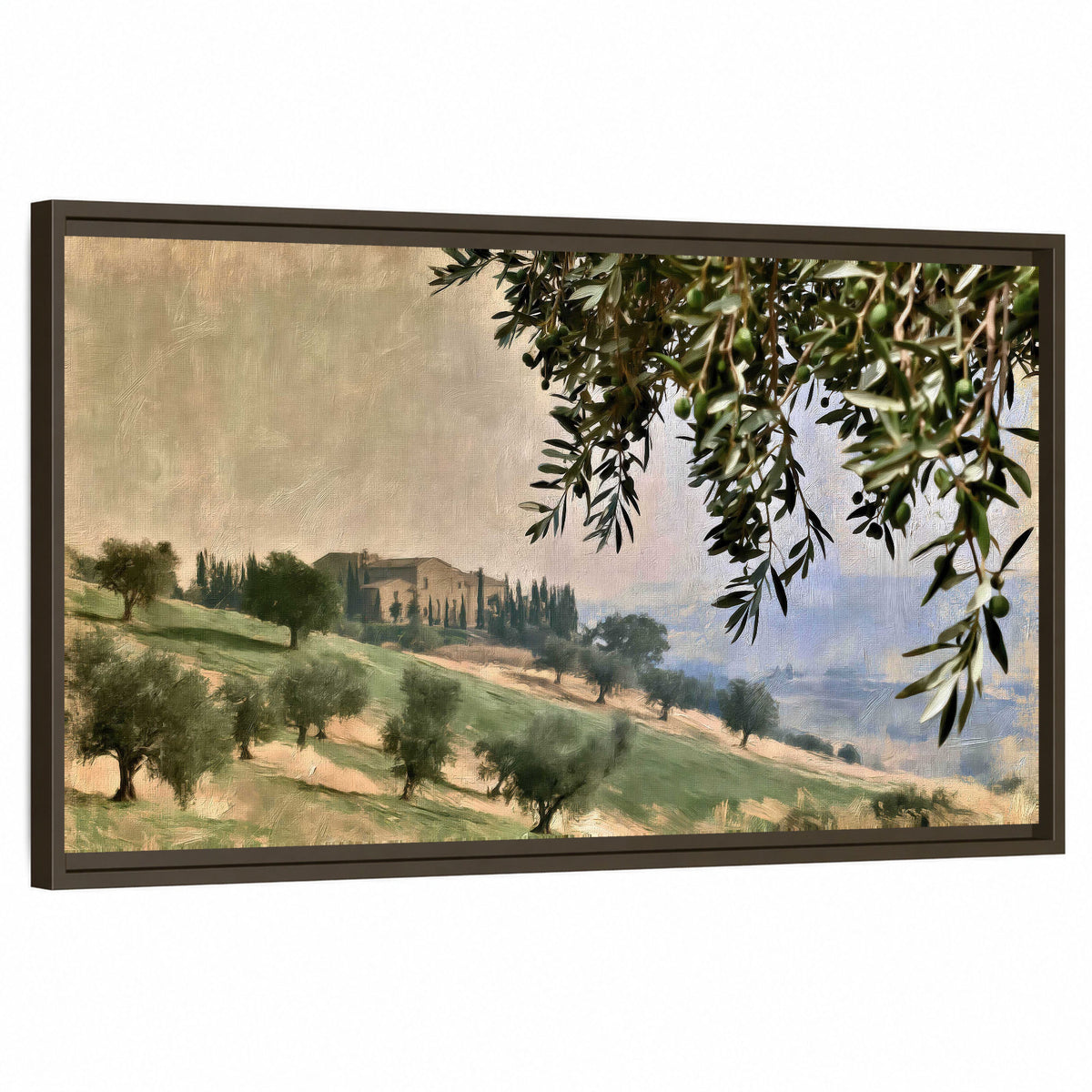 Tuscan olive grove painting framed canvas wall art on a white background