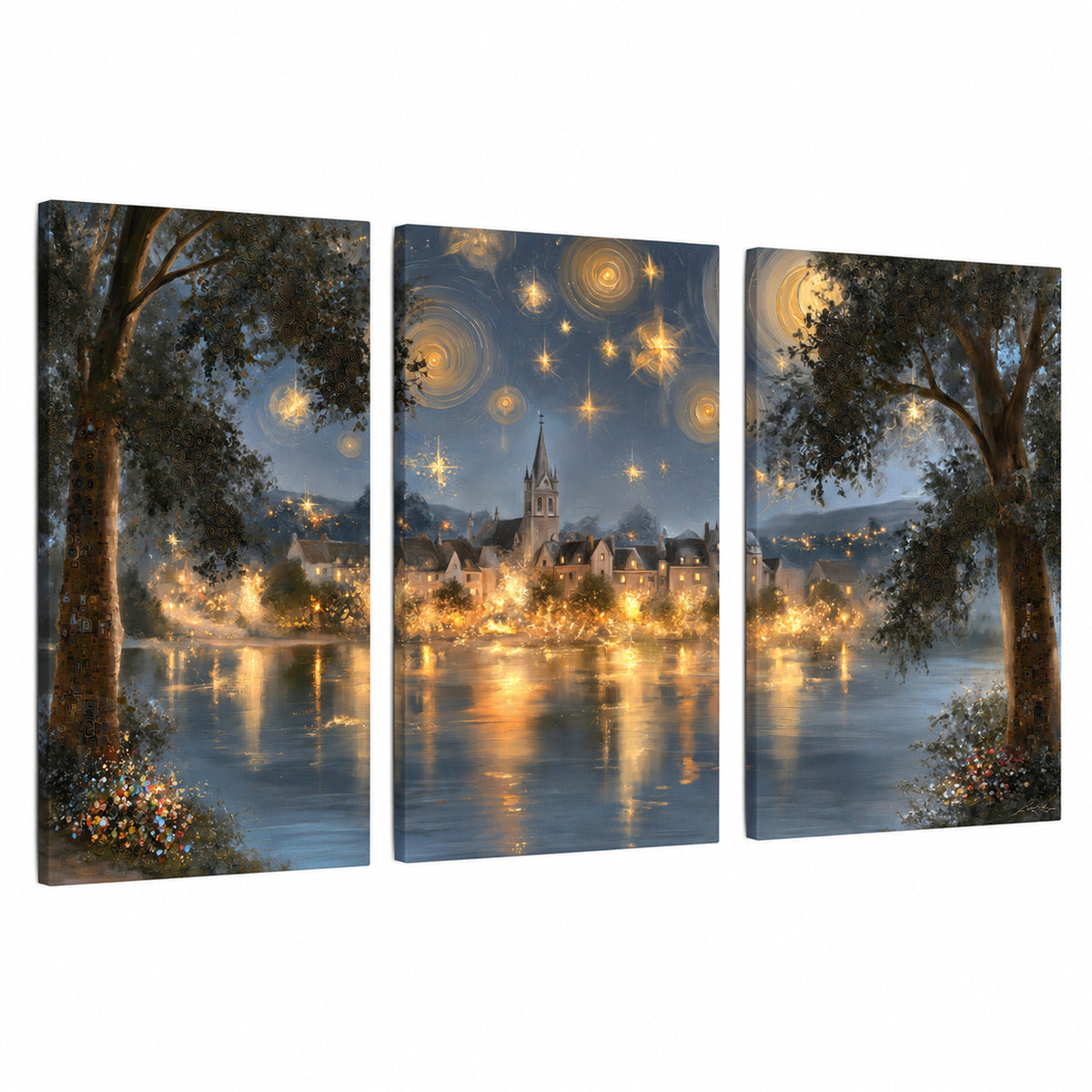 Starry night lake village painting 3 piece canvas wall art set on a white background