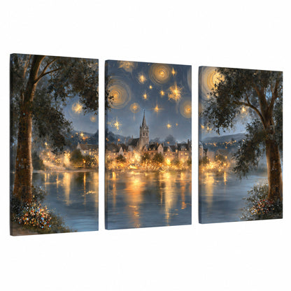 Starry night lake village painting 3 piece canvas wall art set on a white background