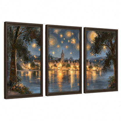 Starry night lake village painting 3 piece framed canvas wall art set on a white background
