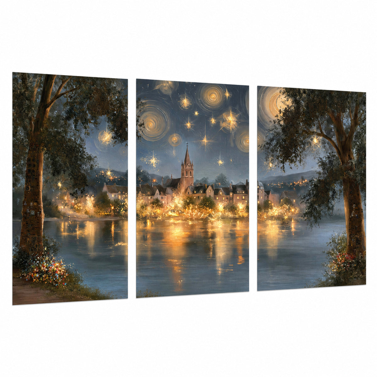 Starry night lake village painting set of 3 poster prints on a white background