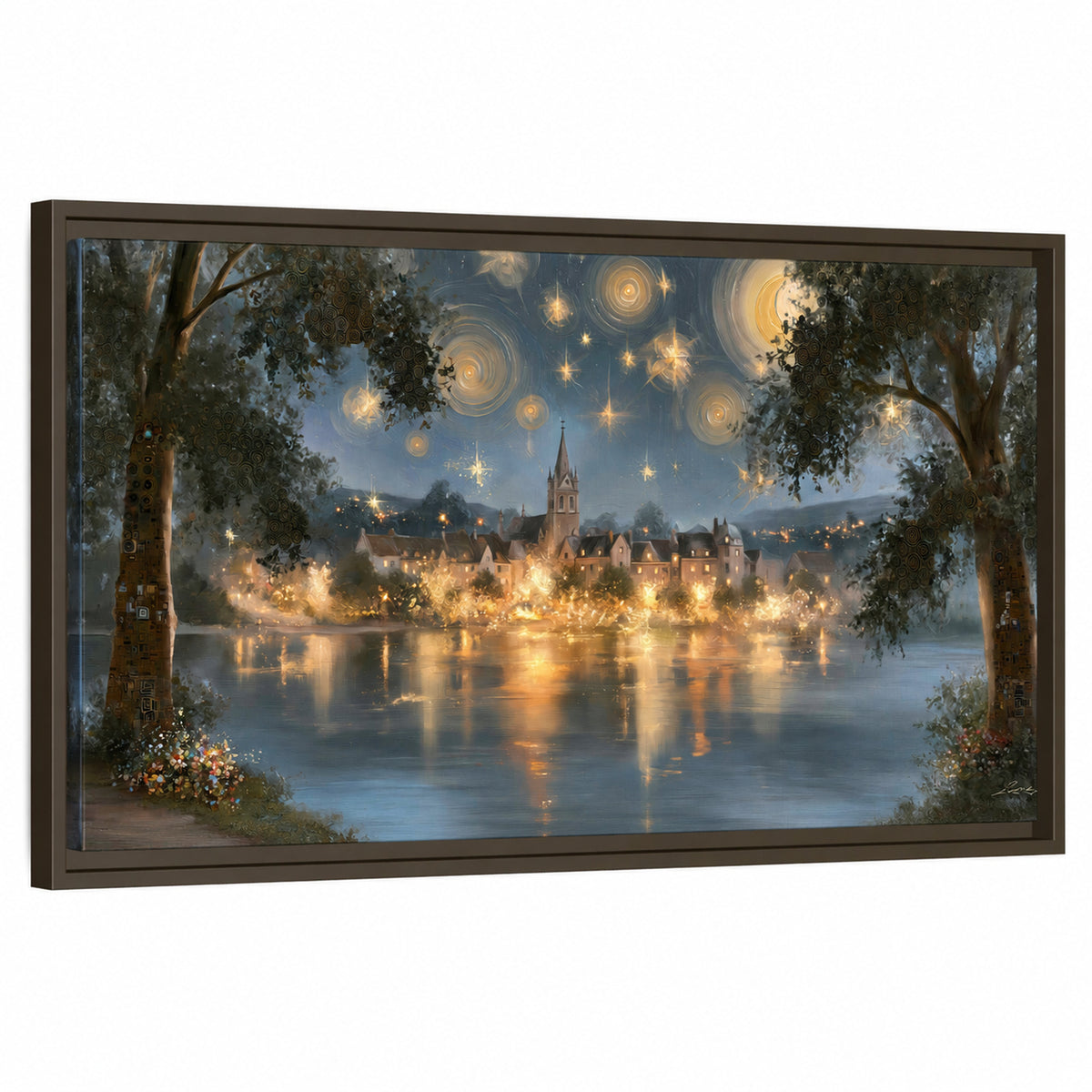 Starry night lake village painting framed canvas wall art on a white background