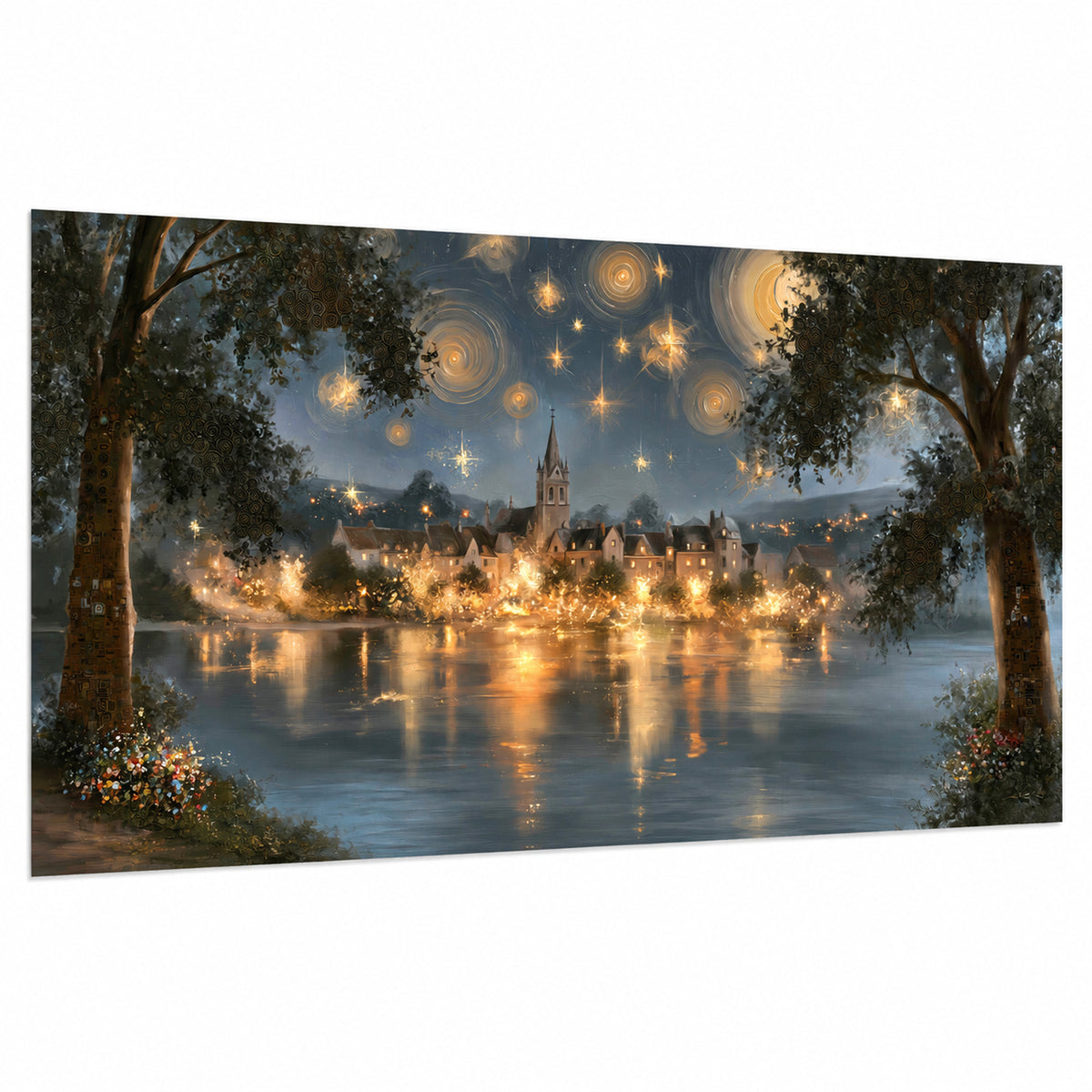 Starry night lake village painting poster print on a white background