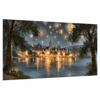 Starry night lake village painting poster print on a white background