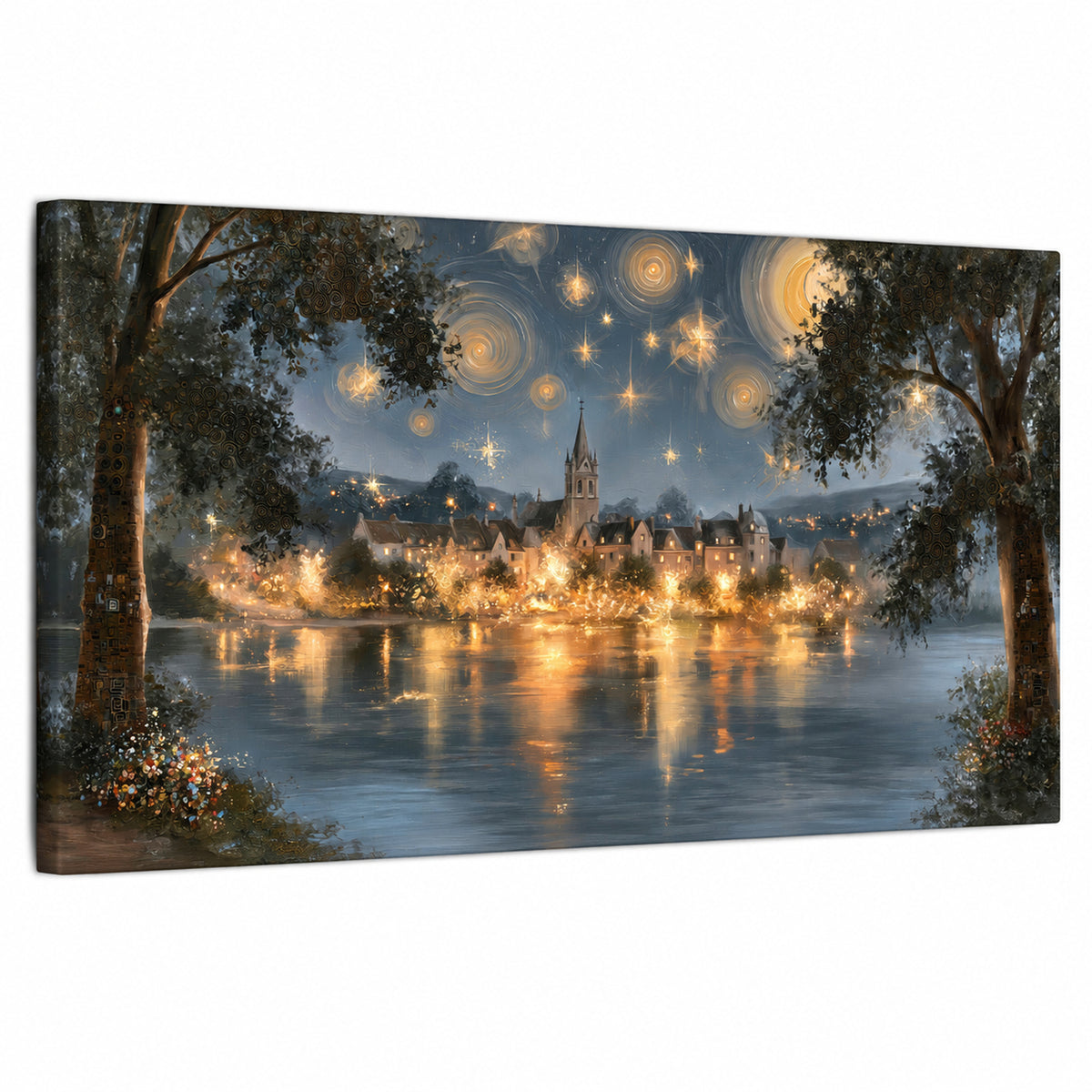 Starry night lake village painting stretched canvas wall art on a white background