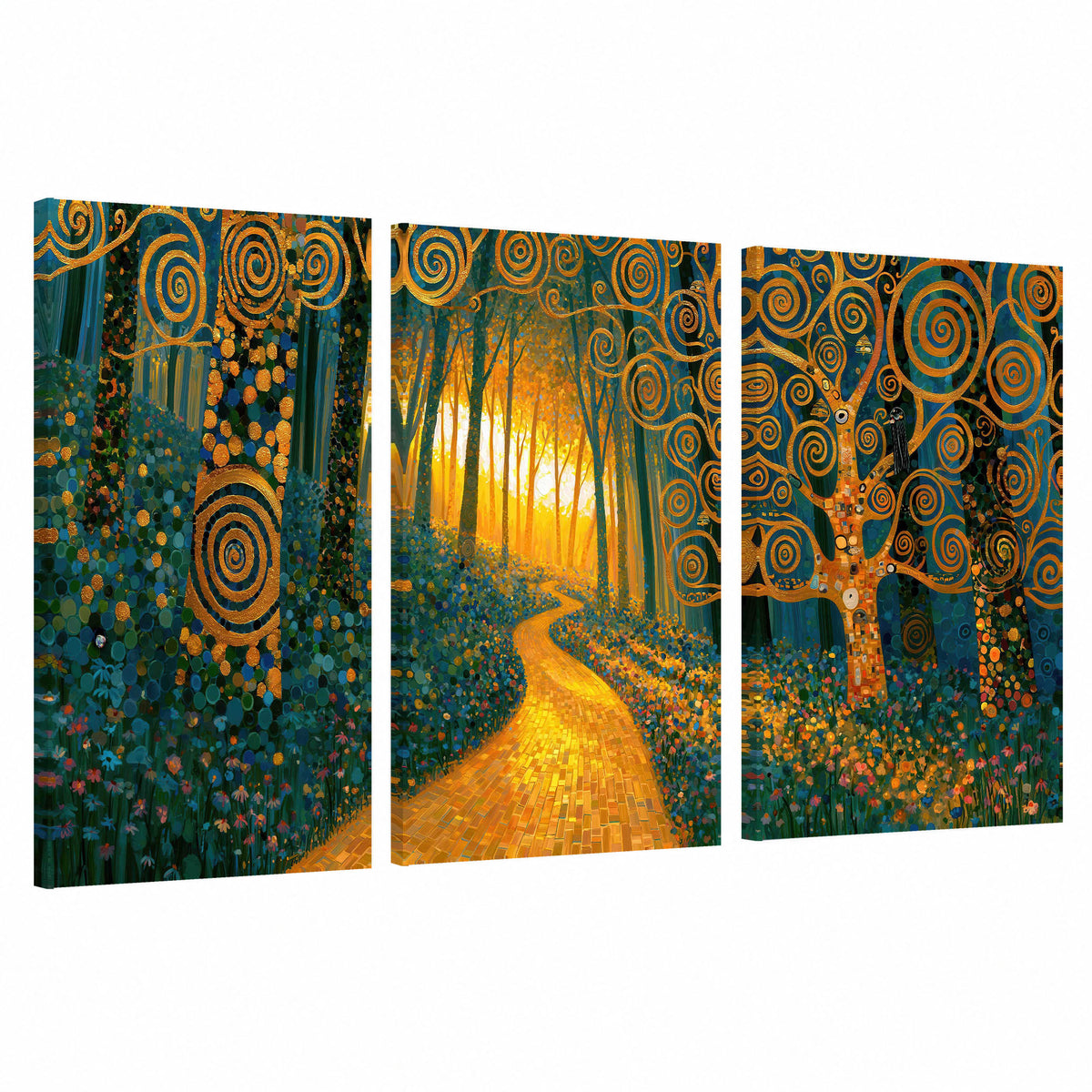 Golden swirl forest painting 3 piece canvas wall art set on a white background