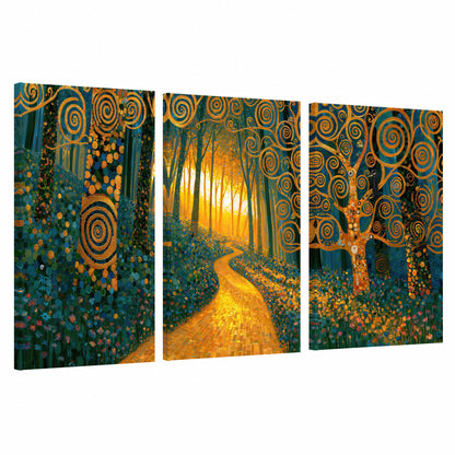 Golden swirl forest painting 3 piece canvas wall art set on a white background