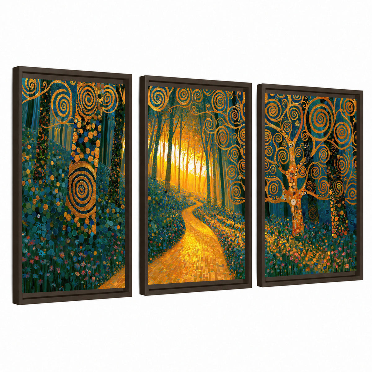 Golden swirl forest painting 3 piece framed canvas wall art set on a white background
